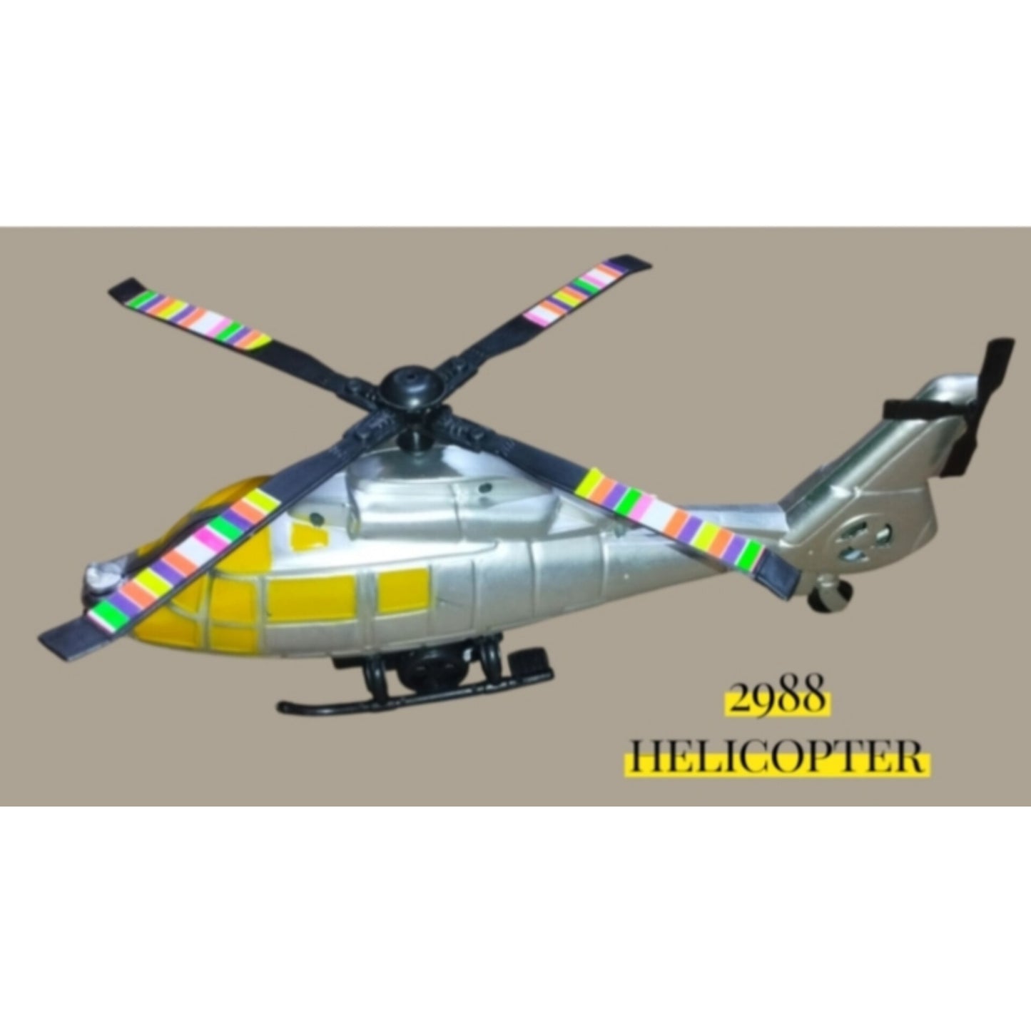 2988 Helicopter: Sleek Silver & Yellow Toy with Multi-Color Rotors for Modern Air Patrols