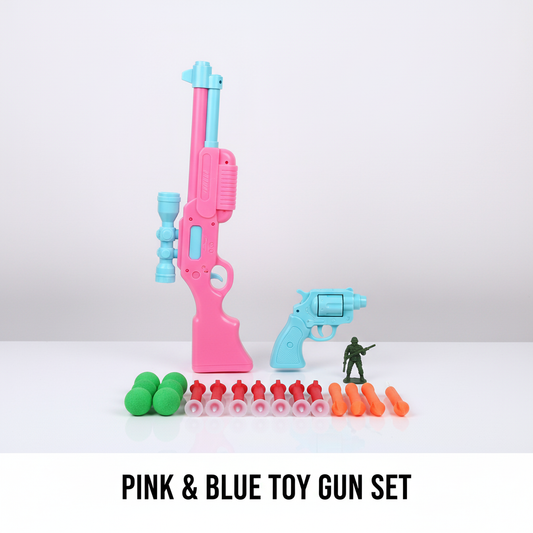 Pink & Blue Shotgun Style Toy Gun Set (5077-21) with Revolver & Soft Bullets