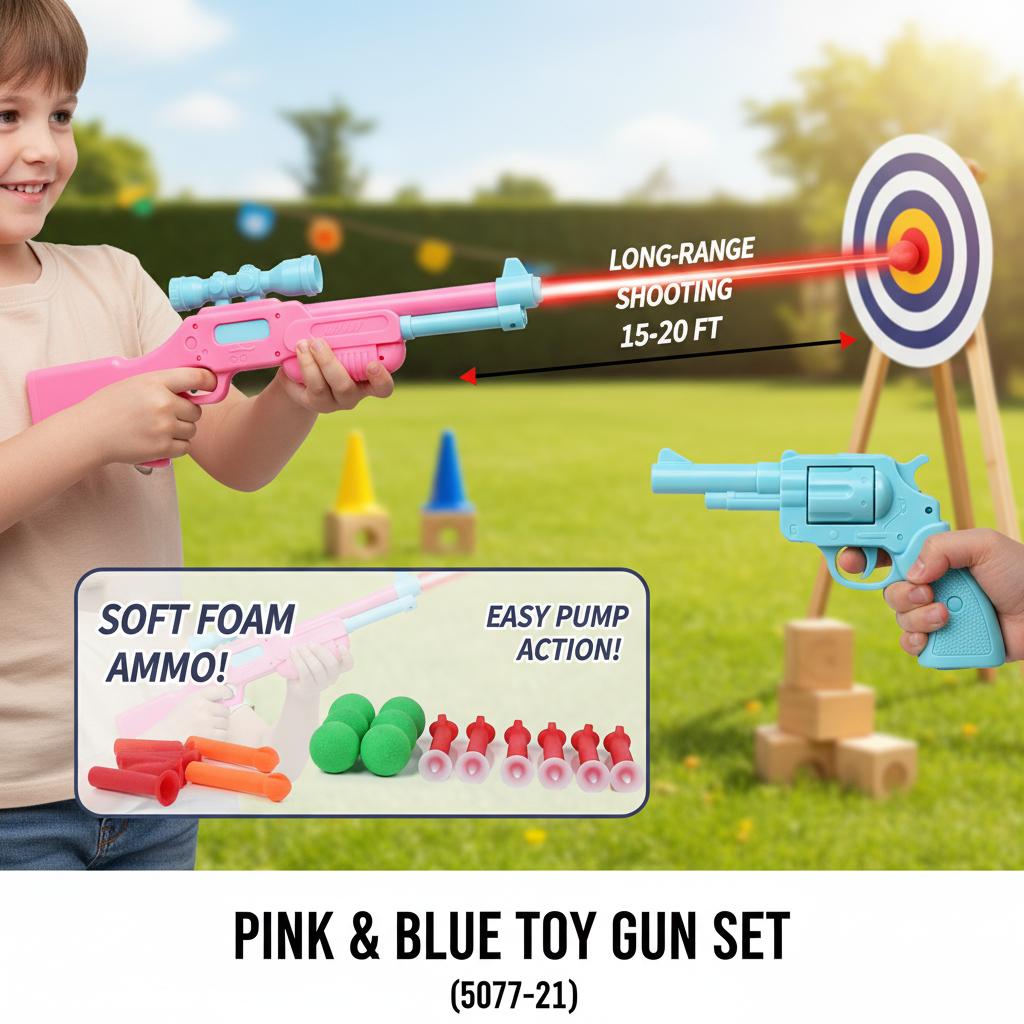 Pink & Blue Shotgun Style Toy Gun Set (5077-21) with Revolver & Soft Bullets