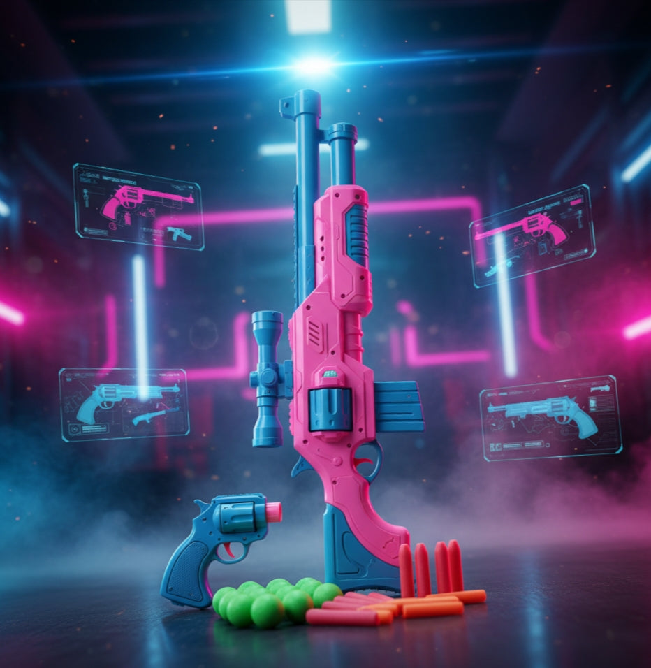 Pink & Blue Shotgun Style Toy Gun Set (5077-21) with Revolver & Soft Bullets