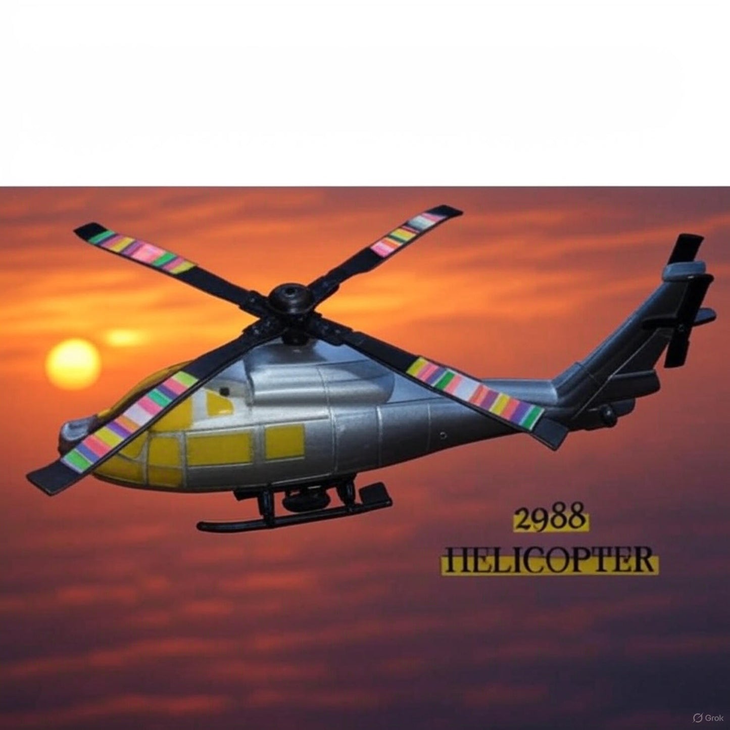 2988 Helicopter: Sleek Silver & Yellow Toy with Multi-Color Rotors for Modern Air Patrols
